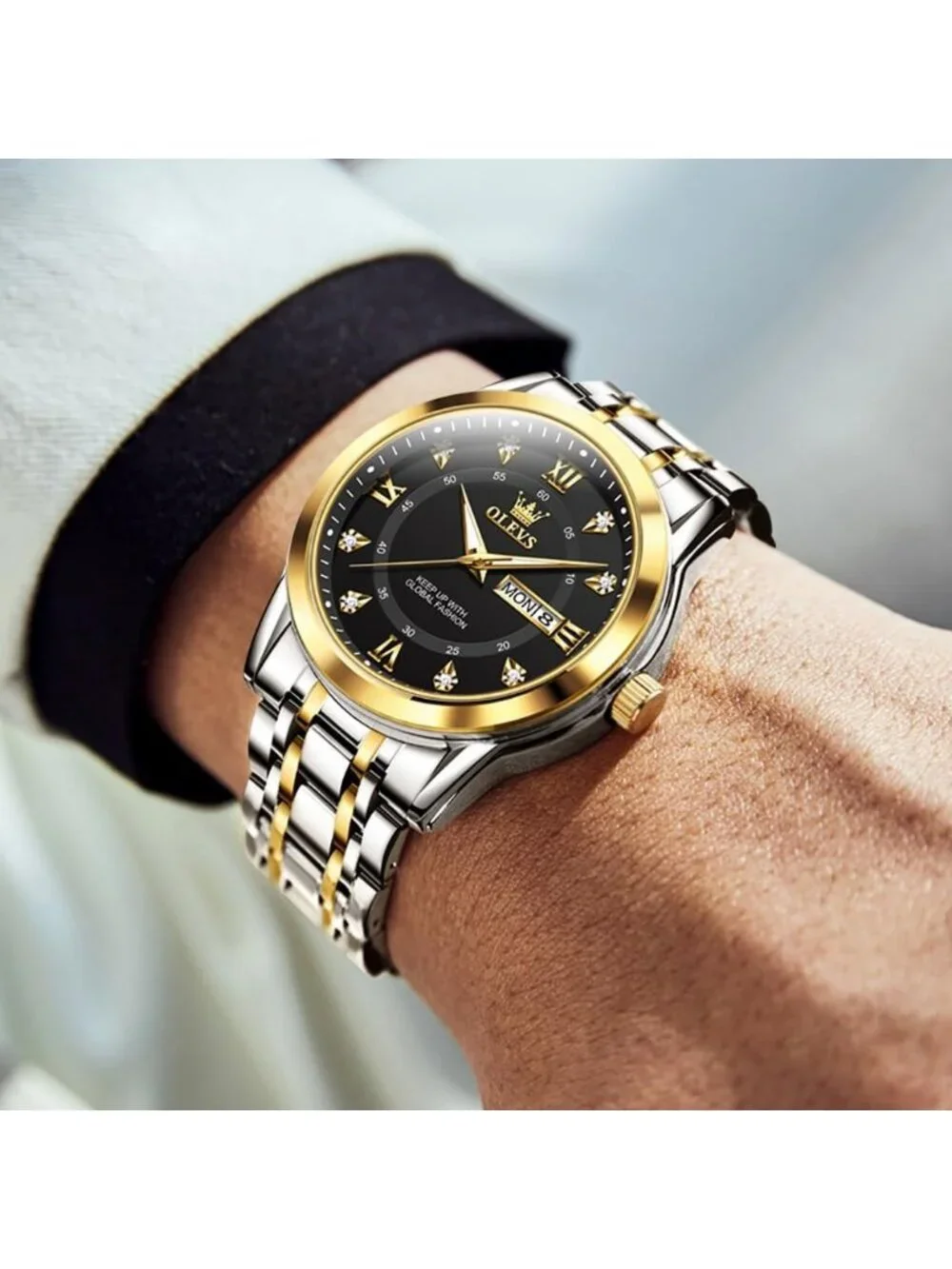 Mens Silver Black Face Stainless Luminous Quartz Waterproof Dimond Classic Watch